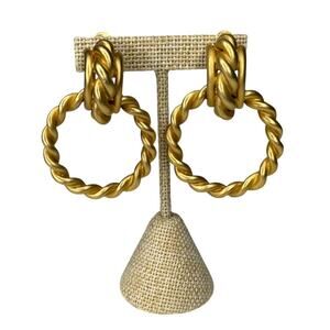 Vintage 2 in 1 Earrings Chunky Twisted Rope Gold Tone Hoop Clip On Earrings